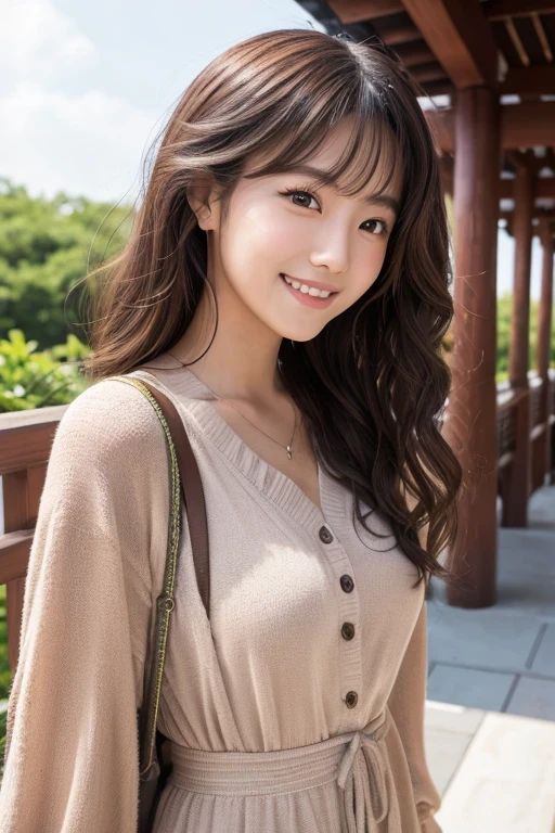 Produce the highest quality and highest resolution 8K images。The model is a 20-year-old Japanese woman.。The image depicts a person smiling at the camera and taking a commemorative photo at a tourist spot.。Draw the whole body of the model。She has brown eyes and a model figure.、She has an idol-level cute face.。The hair is curly。Skin has a healthy color。What to wear、She's wearing a T-shirt and a skirt。