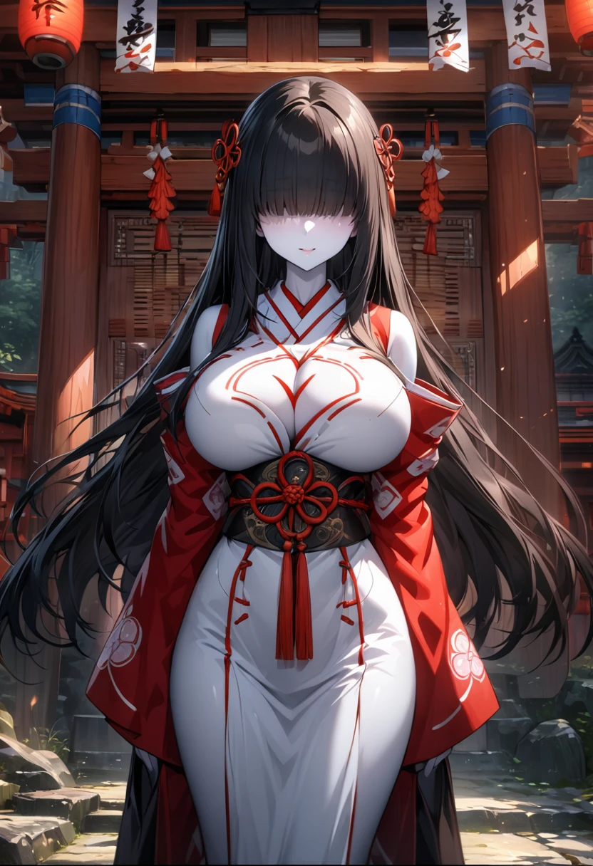 best quality, masterpiece, Extremely detailed CG, Extremely detailed 8k wallpaper, permanent, HDR ,1 Girl, Solitary, outdoor, Japanese Shrines, Shrine maiden, Solitary, long hair, Black Hair, Straight Hair, The bangs covering the eyes are slightly red, Intricate details, Ultra Detailed, beautiful fingers, Beautiful nose, Beautiful character design, Perfect face, For the audience, Huge breasts, Slim waist, Put your arms at your sides, White skin, Hair covering eyes, golden brown eyes