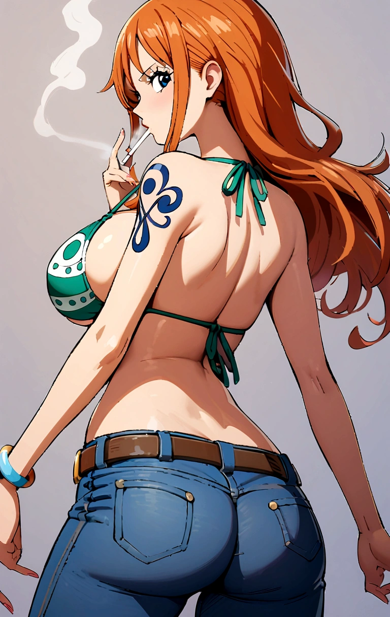 a cartoon picture of a woman in a bikini top and jeans, nami one piece, nami from one piece, nami, beautiful portrait of nami, from one piece, oppai, blue eyes, smoking, ponytail