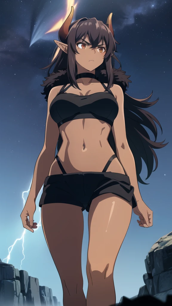 ((1girl,solo,mature female,tall)),big breasts,long hair, black hair,serious,horns,elf ears,black scarf,(dark skin),((midriff,black sports bra,neck fur)),(walking,night sky,night,thunder,lightnings,lightning magic),from below,