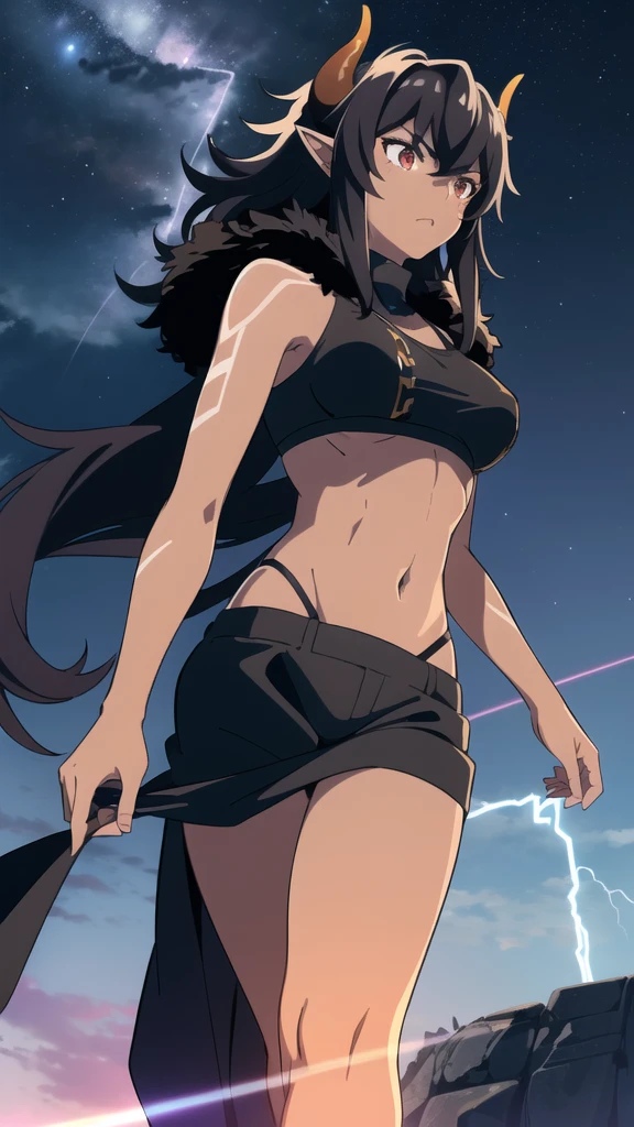 ((1girl,solo,mature female,tall)),big breasts,long hair, black hair,serious,horns,elf ears,black scarf,(dark skin),((midriff,black sports bra,neck fur)),(walking,night sky,night,thunder,lightnings,lightning magic),from below,