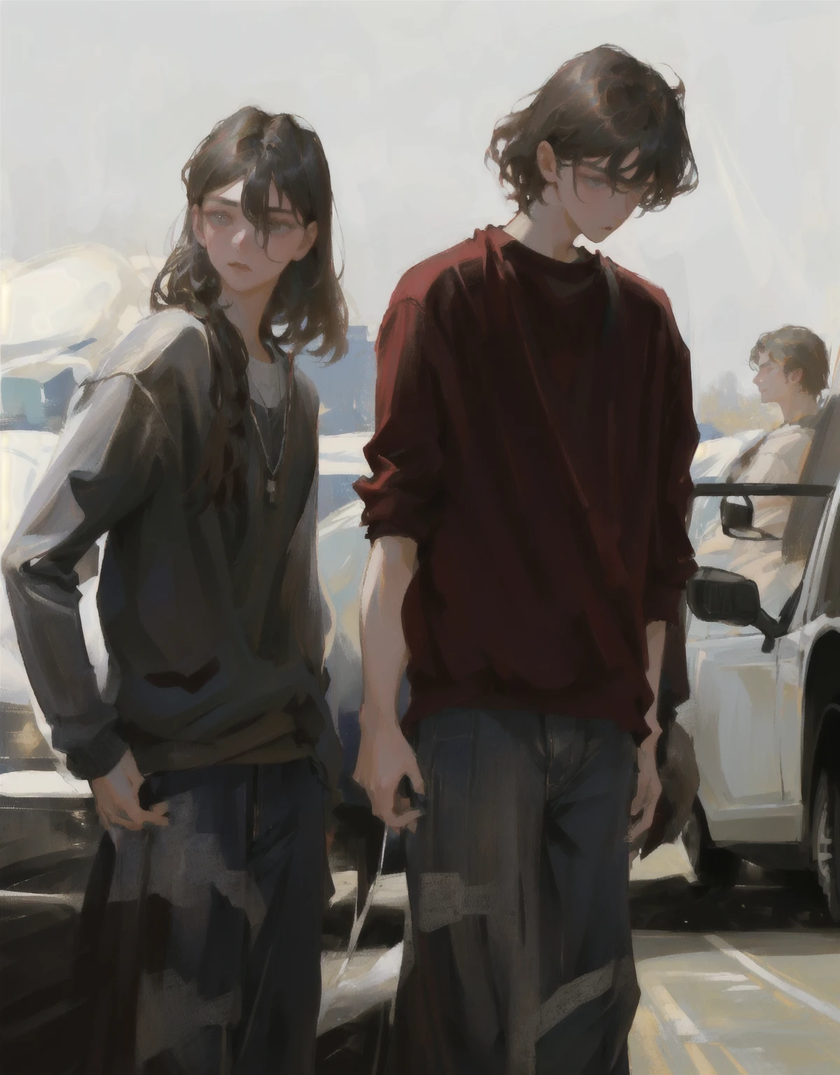 two teenagers standing next to each other, mid 90s, igla movie shot, road trip, movie scene, cinestill!!, clear features, masterpiece, detailed face