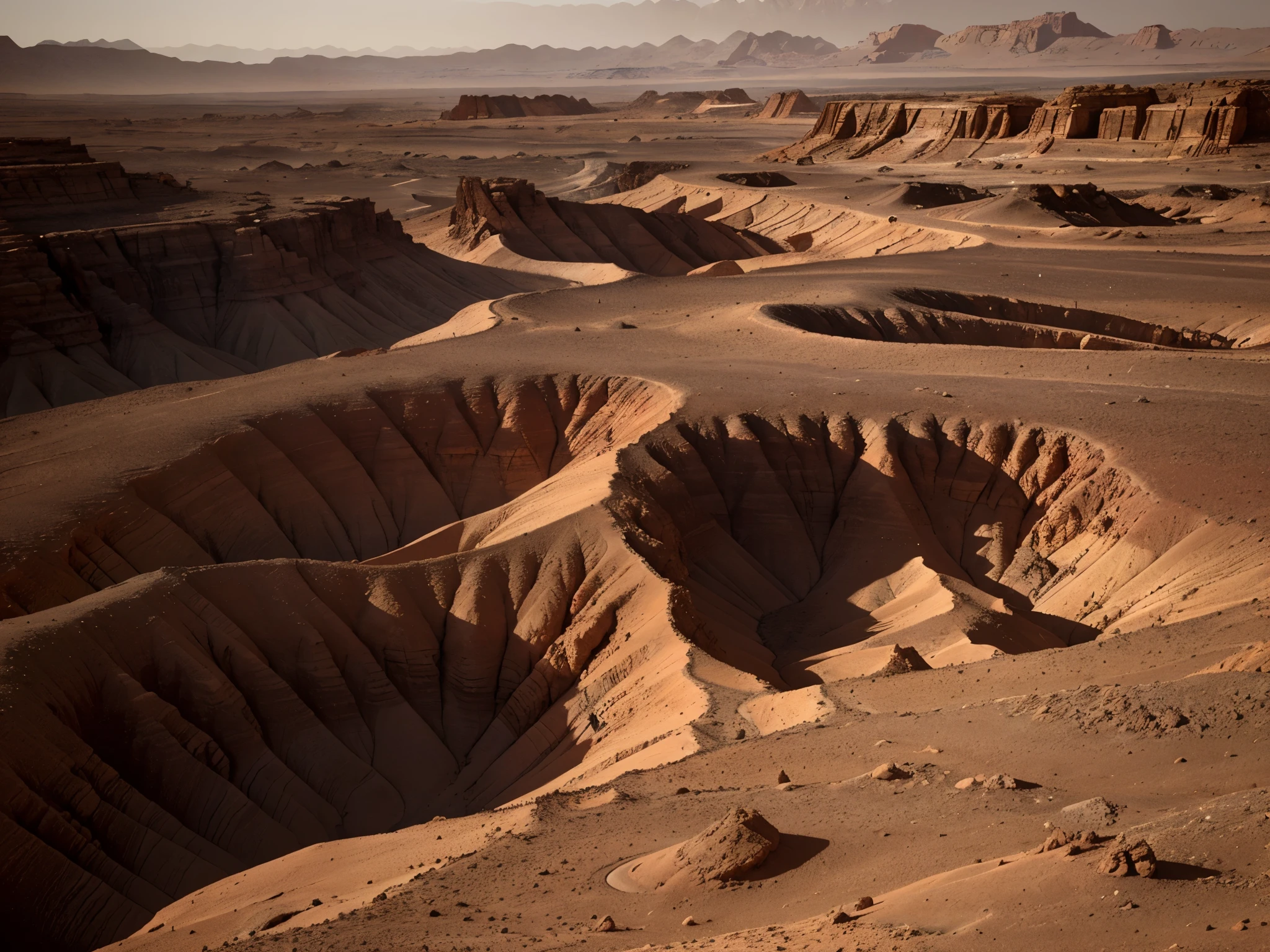 A mesmerizingly rugged Martian landscape, every feature teeming with ancient history: jagged rock formations in dusty reds and oranges, winding riverbeds etched into the barren ground, and distant mountains silhouetted against a blood-red sky. This awe-inspiring scene is captured in a stunning high-definition photograph, showcasing the intricacies of the planet's unique topography. The image beautifully showcases the raw, untamed beauty of Mars, inviting viewers to explore its otherworldly terrain.