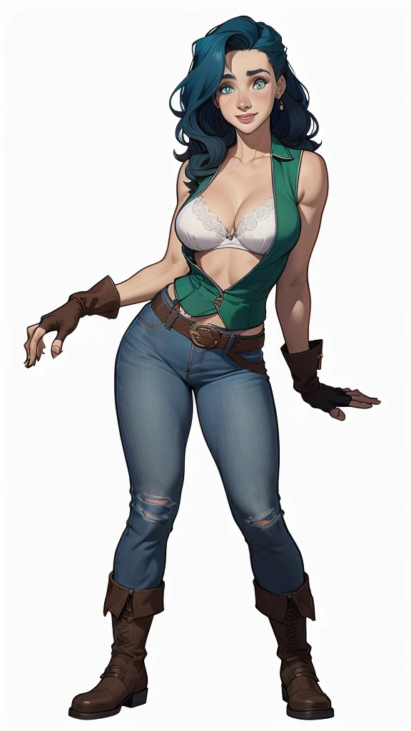 (cartoon style:1.2), Drawings of (Ginevra Molly Weasley), ssmile, perfect green eyes, face detailed, White background, fun pose, seducing gaze,Full body wearing the Sanserina uniform, beautiful medium breasts and wonderful body cartoon style digital illustration. Wearing pantiesJennifer Connelly , , white bra, green vest, sleeveless, へそ, blue jeans, Brown boots, gloves fingerless, short gloves, slightly-smile, shorth hair, wavy hair, parted bangs, blue colored eyes, wart under the right eye, old american west, sunny desert background, waist belt, best quality, Obra de arte Jennifer Connelly