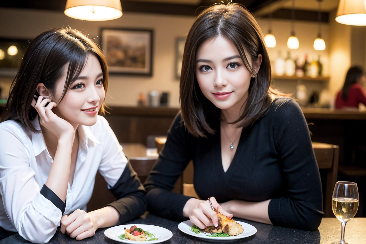 ((Highest quality、8K、masterpiece:1.3))、Sharp focus:1.2、Beautiful woman perfect body:1.4、slimなボディ、((Bob Hale、Straight hair:1.2))、(to be born, Highest quality, masterpiece:1.5), (Realistic, Intricate details:1.2), テーブルにwine glass、Shine light on your face、 Amazing view of the sunset sky and clouds、Amazing mountain views、ニコニコ明るいsmile、smileの素敵な女性、Bright image、2. The beauty of wine, Beautiful Face, blue eyes, The light shines on your face, Blushing, short hair,Bright Face、43 years old), 39 years old, Lady、red wine 、Appetizers、Italian food、Wine bottle、Champagne、sparkling wine、Two beauties、Brown Hair、Shortcuts、Long sleeve shirt、dress、Beautiful woman 1, (slimな顔), (The body is slim), (Brown Hair), (Shortcuts), cheeks turn a little red,Attractive beauty、, Out of the window, Beautiful and detailed night view.........., restaurant, In a prominent place (From the waist up) Nova Frog Style, actress, model, Upper Body, White wine, slim, wine glass, 真ん中に置かれたwine glass, smile, (smile: 1.15), Beautiful fine grain, Depth f/2,saturation, High Contrast, Strong light and shadow,Moist Body:1.5、 texture、Delicate eyes、Brown Hair、The hair is very shiny、