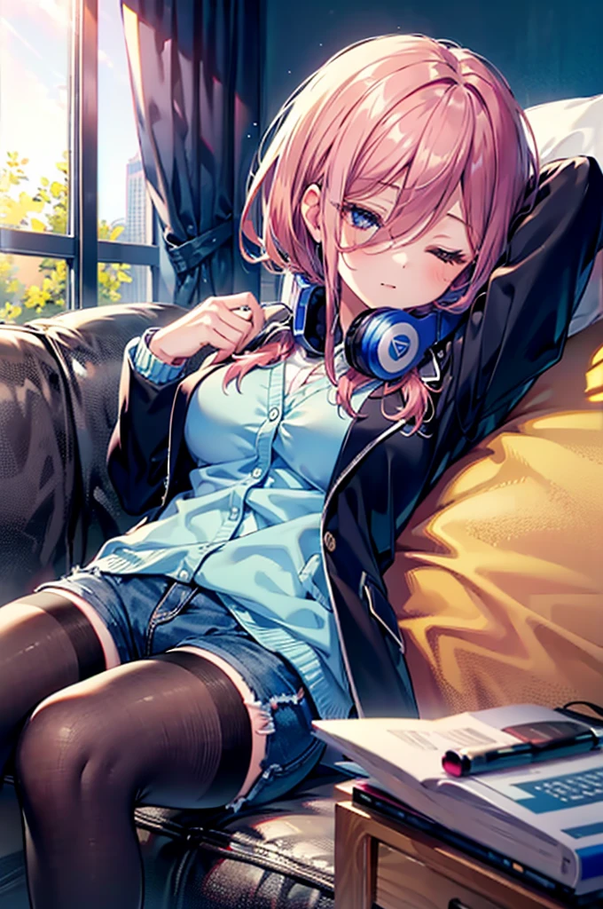 (8K, Highest quality, Highest quality, masterpiece), nm1, 1girl, headphones around neck, sleeping, school uniform, long sleeves, blue cardigan, denim short shorts, pantyhose, black jacket, open jacket, big breasts