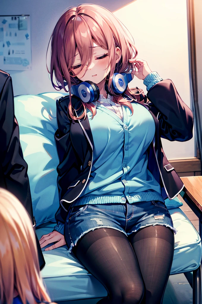 (8K, Highest quality, Highest quality, masterpiece), sit on the floor, (denim hot shorts), (mini shorts), big breasts, ((spread legs 1:2)), nm1, headphones around neck, long sleeves, blue cardigan, (pantyhose 1:2), (fullbody), smile, school uniform, open jacket