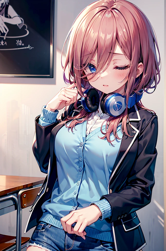 (8K, Highest quality, Highest quality, masterpiece), nm1, 1girl, headphones around neck, sleeping, school uniform, long sleeves, blue cardigan, denim short shorts, pantyhose, black jacket, open jacket, big breasts