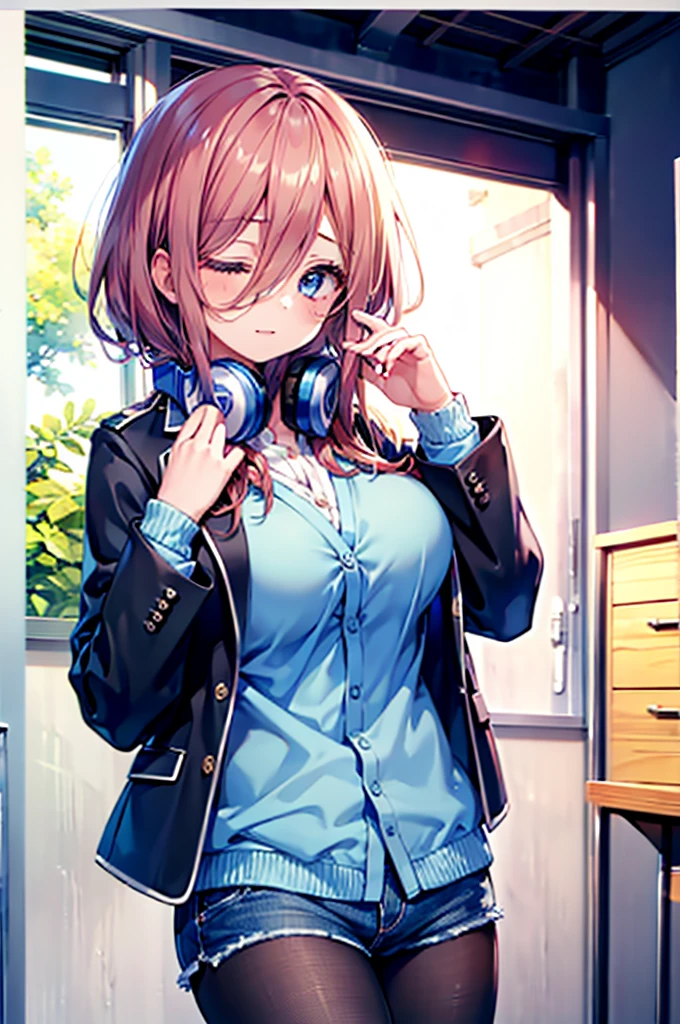 (8K, Highest quality, Highest quality, masterpiece), nm1, 1girl, headphones around neck, sleeping, school uniform, long sleeves, blue cardigan, denim short shorts, pantyhose, black jacket, open jacket, big breasts