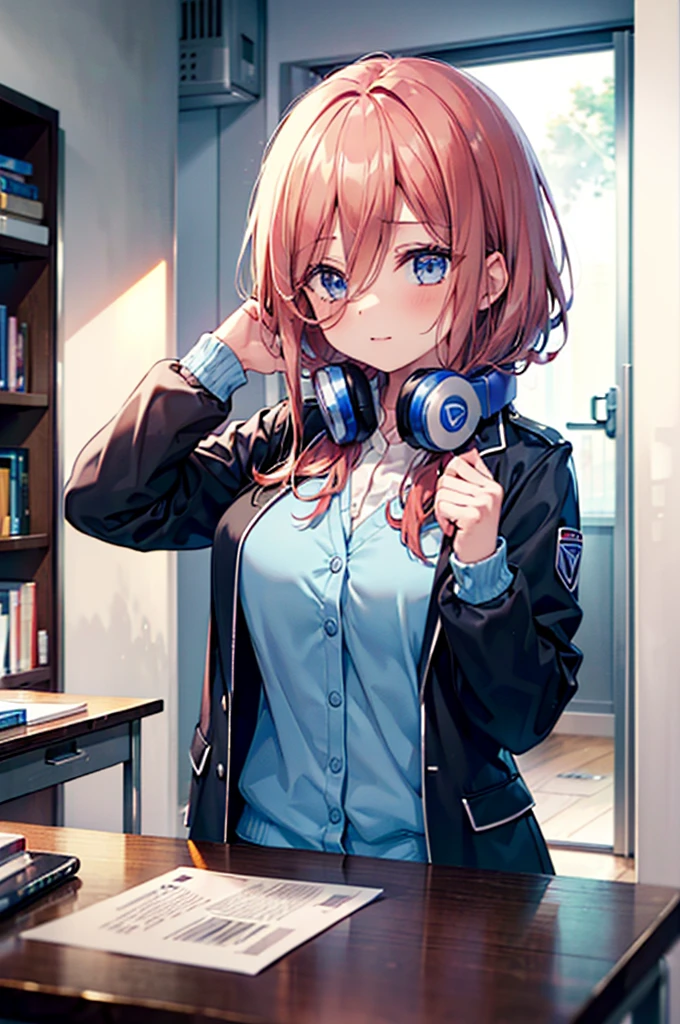 (8K, Highest quality, Highest quality, masterpiece), nm1, 1girl, headphones around neck, sleeping, school uniform, long sleeves, blue cardigan, denim short shorts, pantyhose, black jacket, open jacket, big breasts