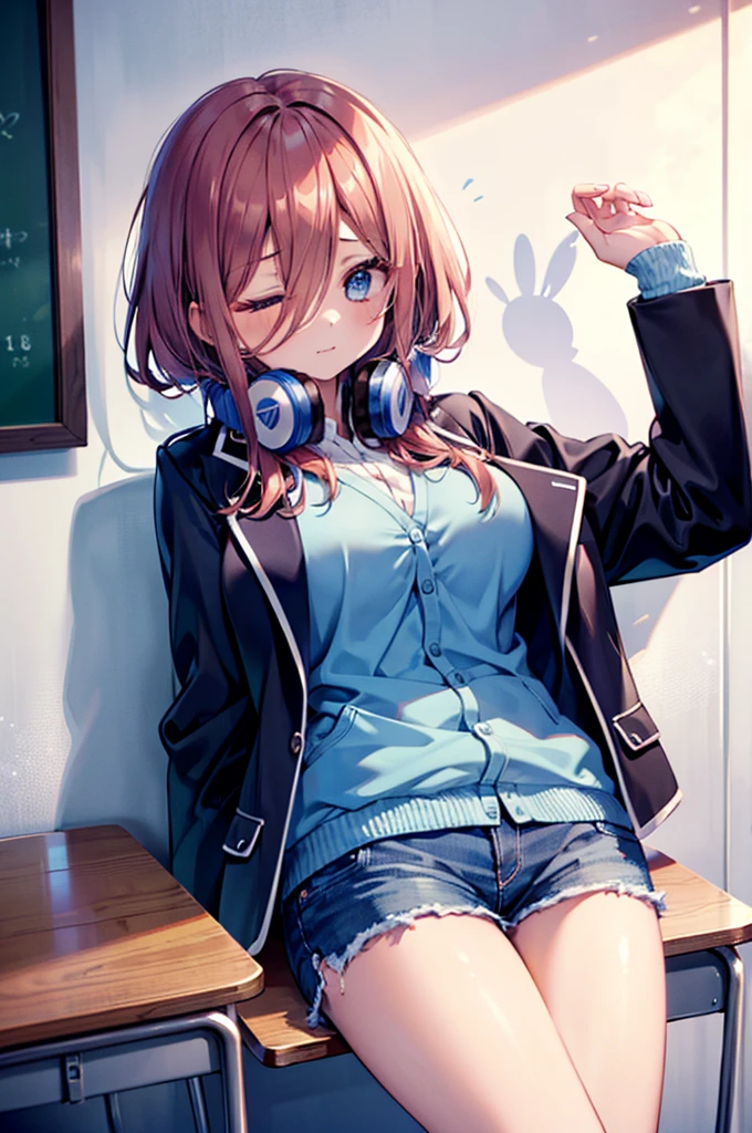 (8K, Highest quality, Highest quality, masterpiece), nm1, 1girl, headphones around neck, sleeping, school uniform, long sleeves, blue cardigan, denim short shorts, pantyhose, black jacket, open jacket, big breasts