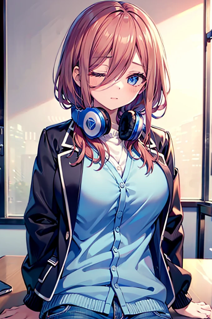 (8K, Highest quality, Highest quality, masterpiece), nm1, 1girl, headphones around neck, sleeping, school uniform, long sleeves, blue cardigan, denim short shorts, pantyhose, black jacket, open jacket, big breasts