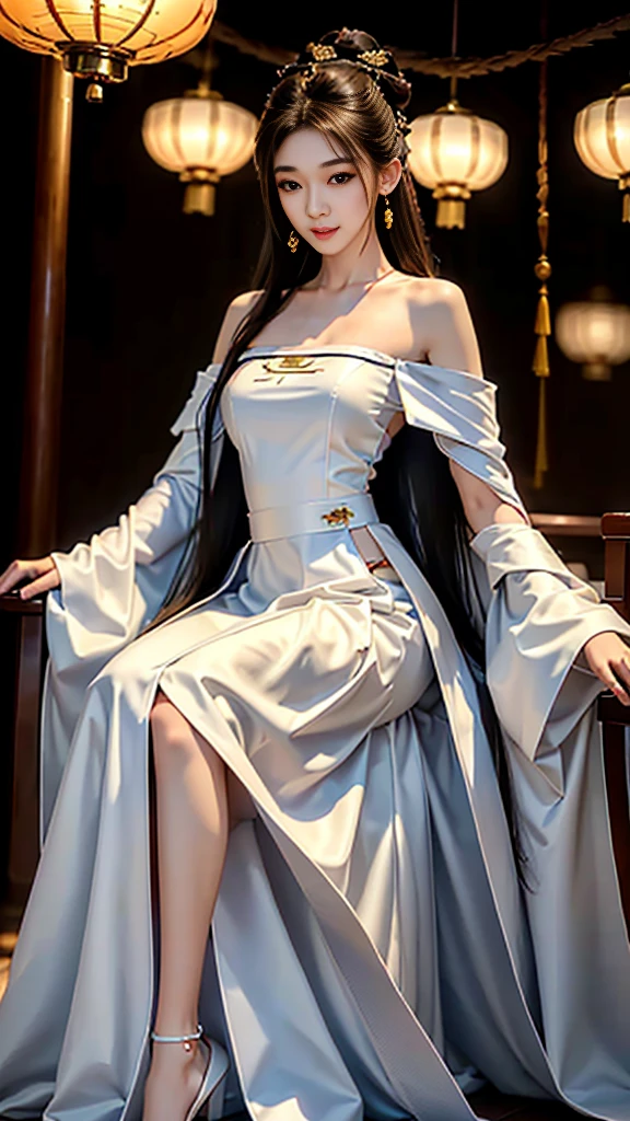 Girl in traditional Chinese clothing, Hanfu ,long black hair, black eyes, black bun hairstyle, hair accessories ,white diamond earrings, Bangle Diameter, Dia Necklace, Clear eyes, Facing forward,put on makeup, Long eyelashes ,(Long shoulder coat:1.5), (long white skirt:1.5), ((Whole body)), ((from below)), Clear face, Many long, thin white cloths , (Very beautiful face, Beautiful mouth, beautiful eyes), detailed face, ((Ultra-fine skin)), In the dark, deep shadows, an ancient Chinese girl (Very slim figure 1.3) ,Plump breasts, sexy slender legs elegant posture (smile brightly) (city night (neon light)) (nighttime ),