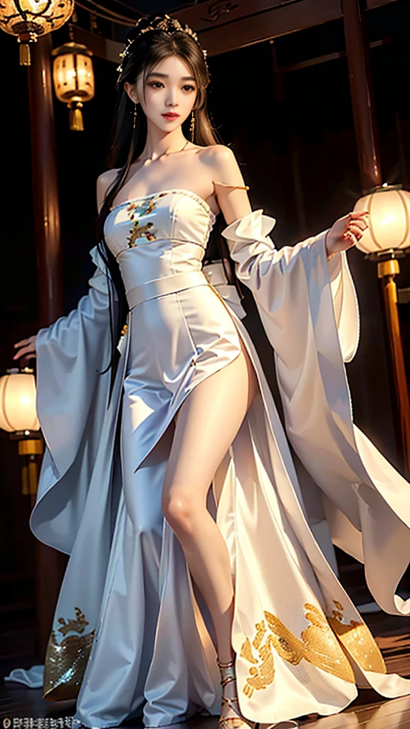Girl in traditional Chinese clothing, Hanfu ,long black hair, black eyes, black bun hairstyle, hair accessories ,white diamond earrings, Bangle Diameter, Dia Necklace, Clear eyes, Facing forward,put on makeup, Long eyelashes ,(Long shoulder coat:1.5), (long white skirt:1.5), ((Whole body)), ((from below))ฃ, Clear face, , (Very beautiful face, Beautiful mouth, beautiful eyes), detailed face, ((Ultra-fine skin)), In the dark, deep shadows, an ancient Chinese girl (Very slim figure 1.3) ,Plump breasts, sexy slender legs elegant posture (smile brightly) (city night (neon light)) (nighttime ),