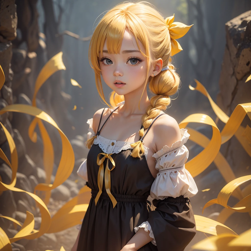 Golden Hair、cute 、Full nudity、Vertical twintail hairstyle、Yellow ribbon hair accessory