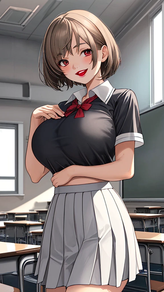 One female middle school student,Short-sleeved white sheer school uniform,Gray skirt,light brown short hair,Big boobs,Face red,lipstick,Smile,Sunlight,Inside the classroom