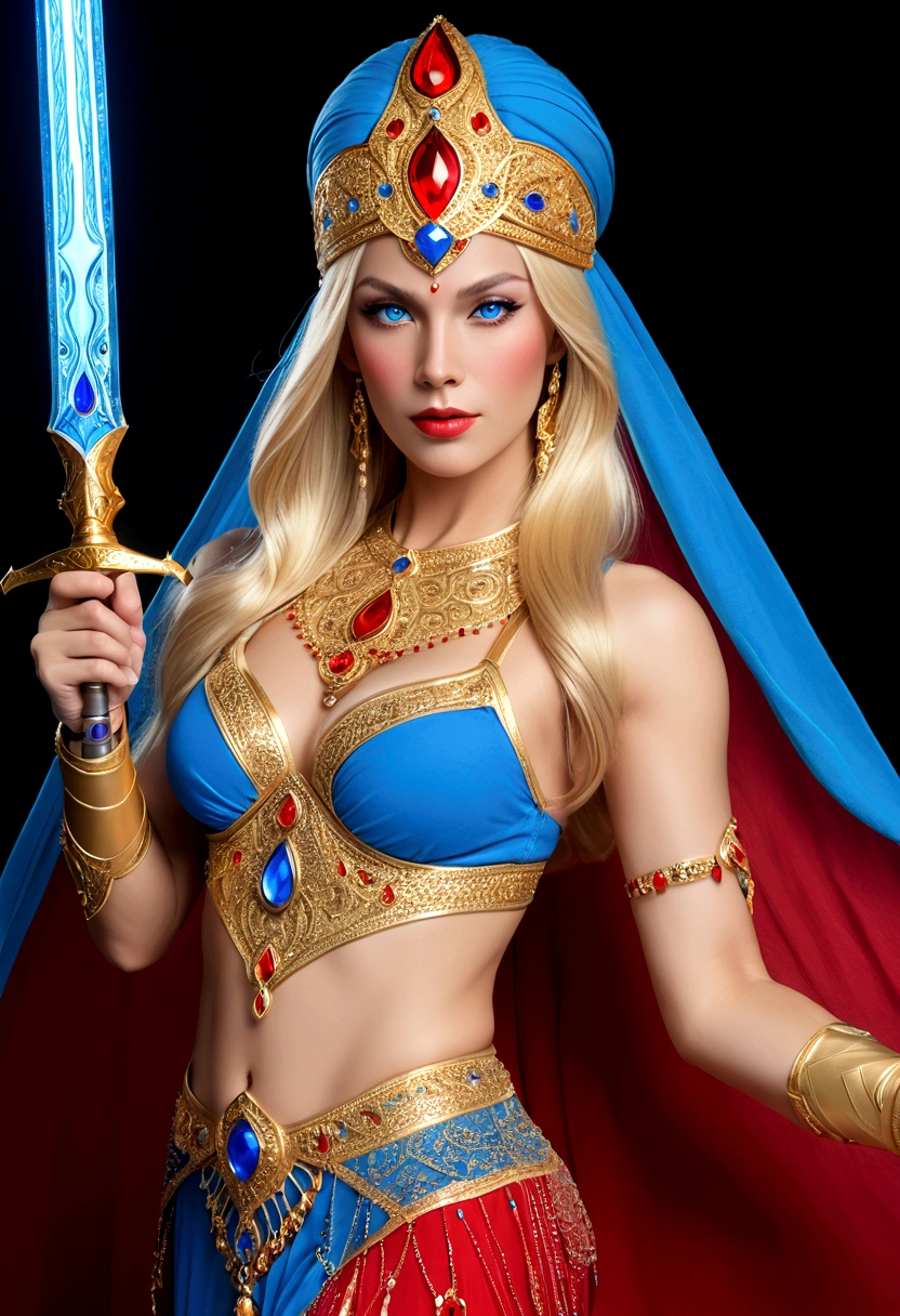 She-Ra with blue turban headdress，She&#39;s wearing a belly dancing skirt，，Golden boots，and long golden wrist guards that extend from the elbow to the wrist。Long blond hair，blue eyes and red lips。 She holds a laser sword，A red veil inlaid with crystals covering her entire face