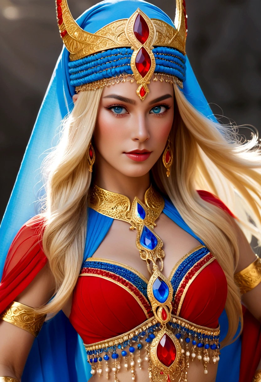 She-Ra with blue turban headdress，She&#39;s wearing a belly dancing skirt，，Golden boots，and long golden wrist guards that extend from the elbow to the wrist。Long blond hair，blue eyes and red lips。 She holds a laser sword，A red veil inlaid with crystals covering her entire face