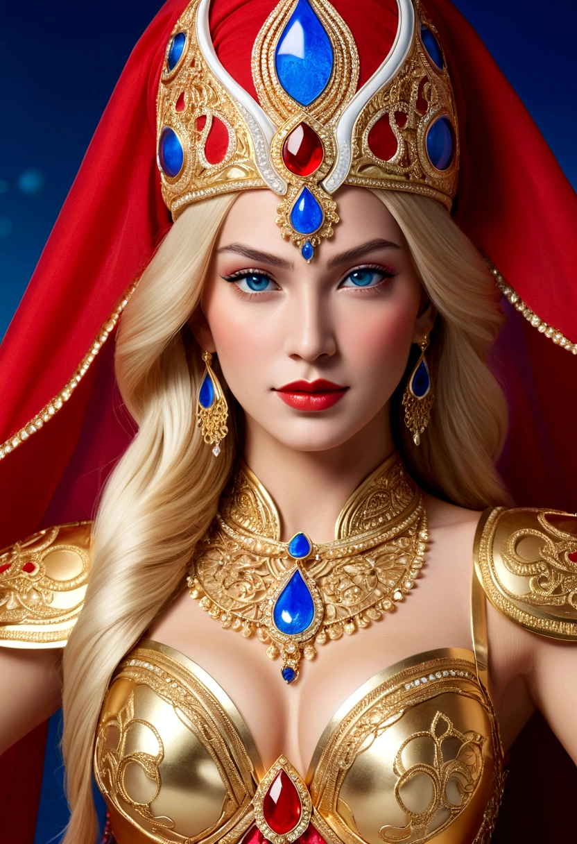 She-Ra with blue turban headdress，She&#39;s wearing a belly dancing skirt，，Golden boots，and long golden wrist guards that extend from the elbow to the wrist。Long blond hair，blue eyes and red lips。 She holds a laser sword，A red veil inlaid with crystals covering her entire face