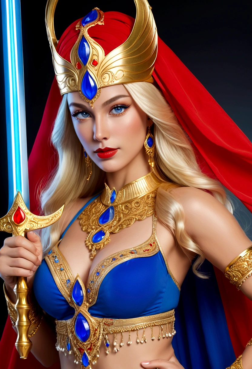 She-Ra with blue turban headdress，She&#39;s wearing a belly dancing skirt，，Golden boots，and long golden wrist guards that extend from the elbow to the wrist。Long blond hair，blue eyes and red lips。 She holds a laser sword，A red veil inlaid with crystals covering her entire face