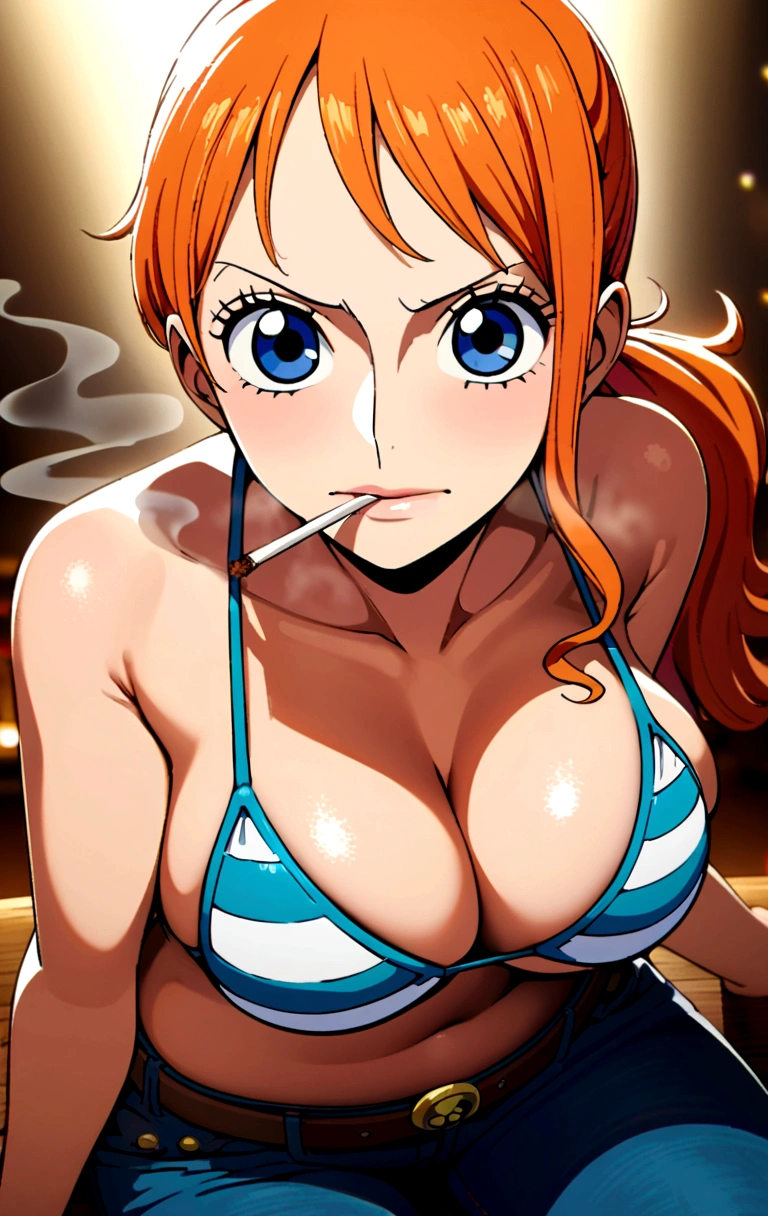 a cartoon picture of a woman in a bikini top and jeans, nami one piece, nami from one piece, nami, beautiful portrait of nami, from one piece, oppai, blue eyes, smoking, ponytail