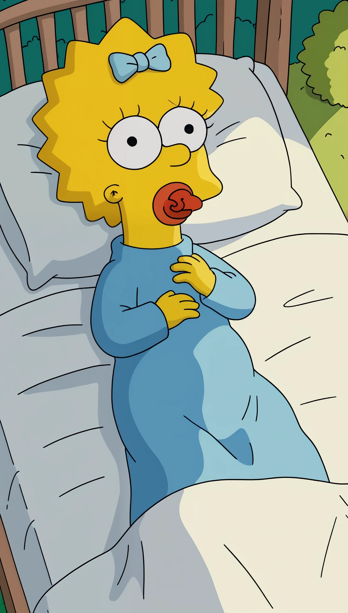 score_8, score_9, BREAK, 1 girl, solo, maggie, yellow skin,hair bow, blue dress, pacifier, outdoors, adorable, natural lighting, lies on bed, lies on back,