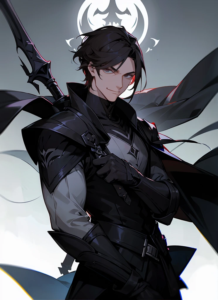 1 , handsome fashion hair,dark hair highlightwhite, fanstasy, smile face, male ,fantasy, reaper, hunter with blackshortsword, villian face, black armor , darkness wolrd, bad