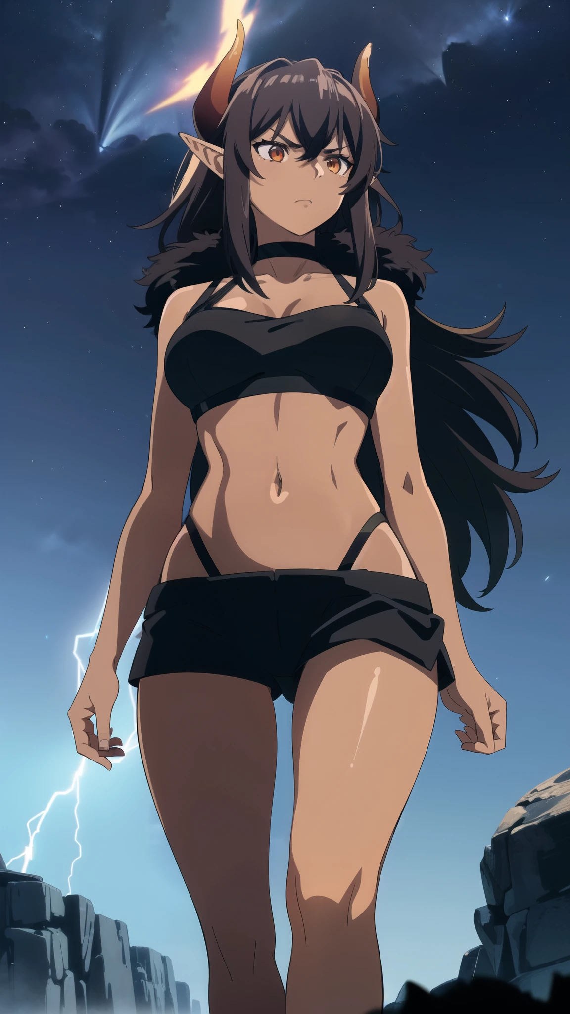 ((1girl,solo,mature female,tall)),big breasts,long hair, black hair,serious,horns,elf ears,black scarf,(dark skin),((midriff,black sports bra,neck fur)),(walking,night sky,night,thunder,lightnings,lightning magic),from below,