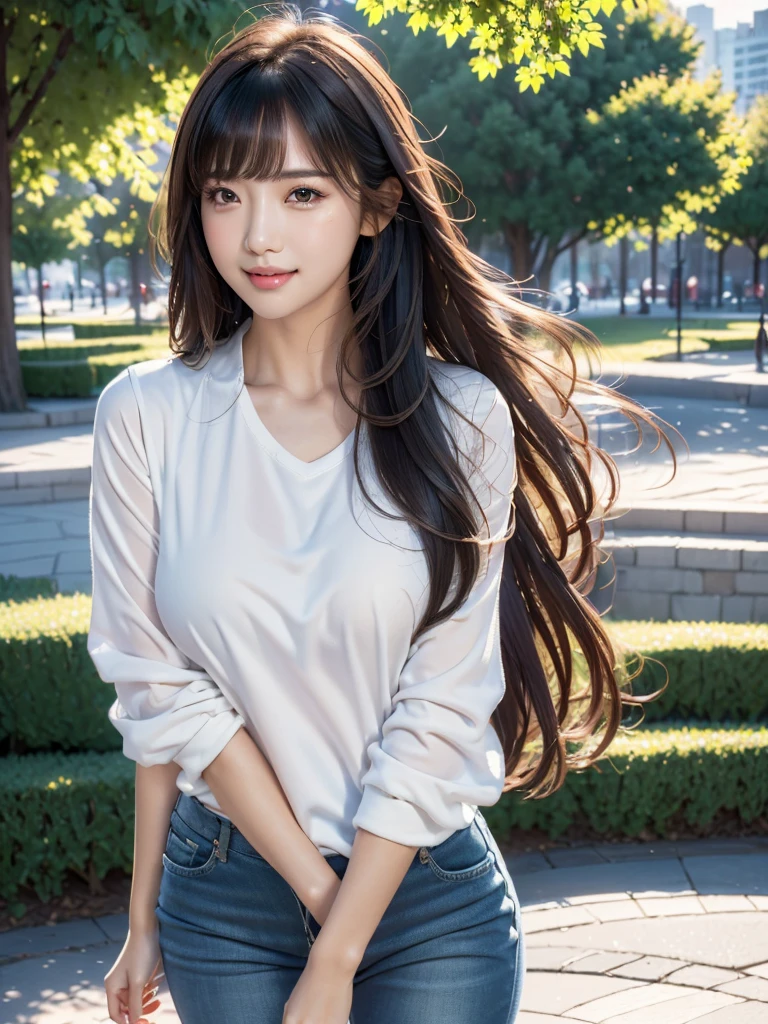 One girl,Beautiful Model , Instagram (photoRealistic, High resolution:1.4), ((Puffy eyes)), View your viewers, , whole body (8K, RAW Photos, Highest quality, masterpiece:1.2), (Realistic, photo-Realistic:1.37),(Sharp focus:1.2), Professional Lighting, Photon Mapping, Radio City, Physically Based Rendering, (Realistic skin:1.2),( ), View your viewers, (Mid-length hair:1.5),, Purple eyes, (Silver Hair:1.1),bangs, (Park Background:1.4), alone, Realistic,(masterpiece:1.4),(Highest quality:1.4),(Shiny skin),Fashionable Girl,compensate,smile(skinny,Mouth closed,shy :1.3) , shoulder,Full Color:1.1),whole bodyショット,No sleeve,jeans,Medium Bust,Sexy pose ,