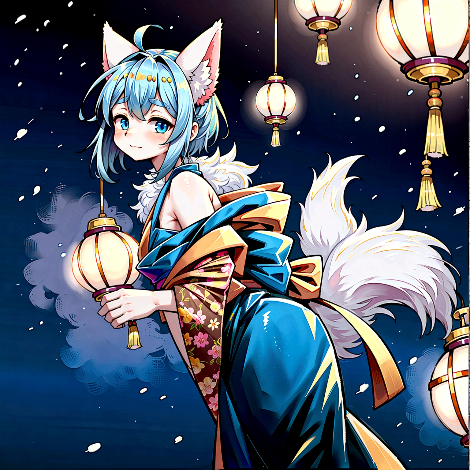 fox Light blue hair 　beast girl　indigo fur　fox beast girl　fox Light blue hair 　beast girl　indigo fur　fox beast girl　Wallpaper 4k,8k,highly detailled,,vivid colors,detailed kitsune with 9 tails,traditional Japanese artwork,tatami floor,beautiful cherry blossoms,floating lanterns,dark silhouette of a pagoda,subtle moonlight,dense forest,ethereal atmosphere,dappled sunlight,whimsical spirit,serene expression,elaborate kimono and obi,delicate hand-painted details,luminous eyes　Anime Style　fox　blue　White-faced golden-haired nine-tailed fox　Coat blue　　A kappa appeared and pulled out both balls from his butt hole　mysterious background　Blue Flame　girl　have a ball of light Anime Style　fox　blue　White-faced golden-haired nine-tailed fox　Coat blue　　　mysterious background　Blue Flame　girl　have a ball of light