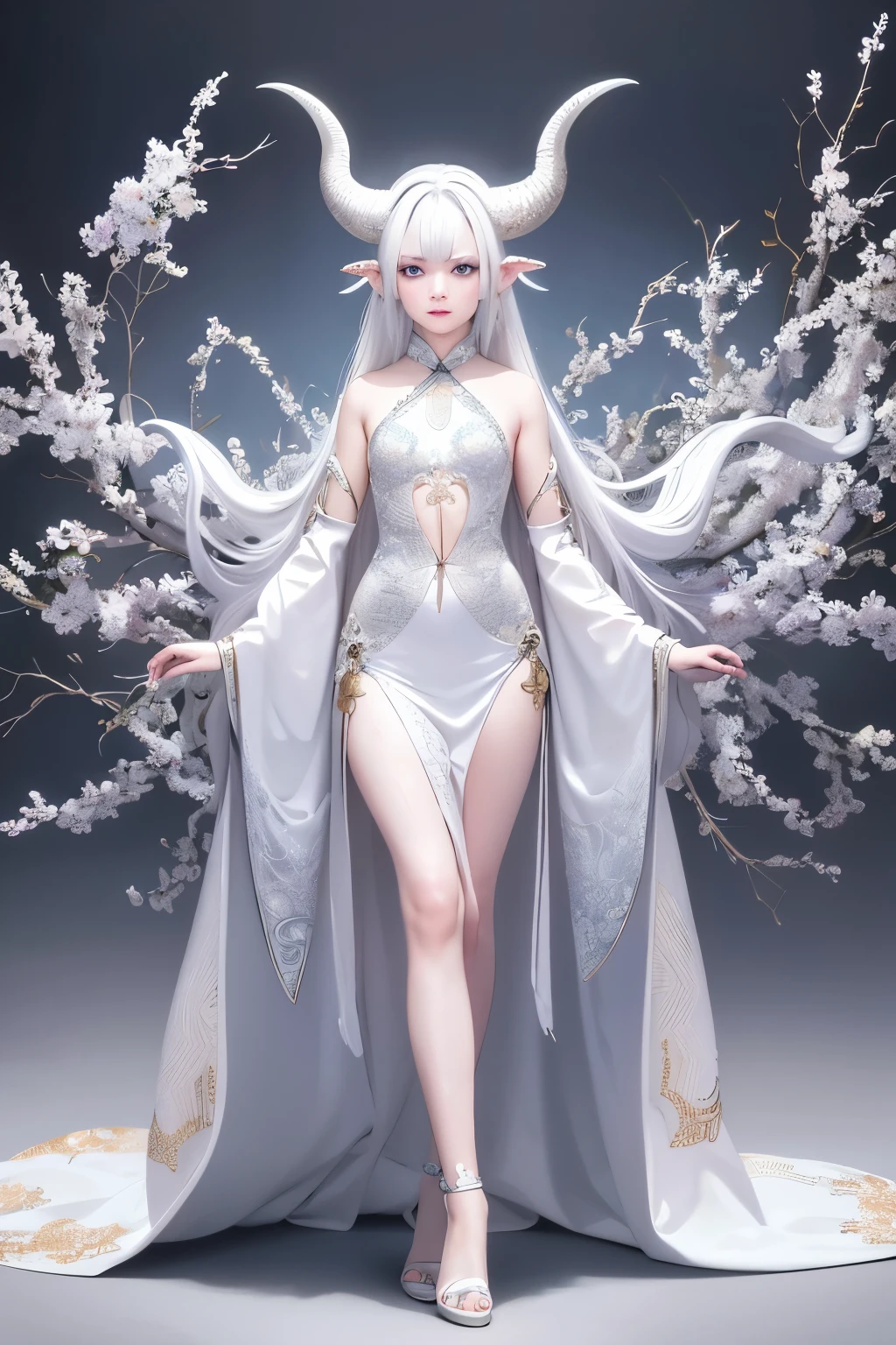 Stunning Masterpiece, Best Quality, Ultra-High Resolution, Super Detailed, Award-Standing, 8k Wallpaper, Solo, Full Body Shot, Traditional Chinese Attire, Albinism, Androgynous, Scales, White Hair, Short Cut, Rounded Horns.

Glistening and ethereal, adorned with intricate patterns of scales that shimmer under the softest lighting, a teenager of uncommon beauty dazzles in a breathtaking scene. Strewn hair of purest white, cut short yet still reaching down to the shoulders, frames a face that exudes an androgynous allure. Two rounded horns, delic
