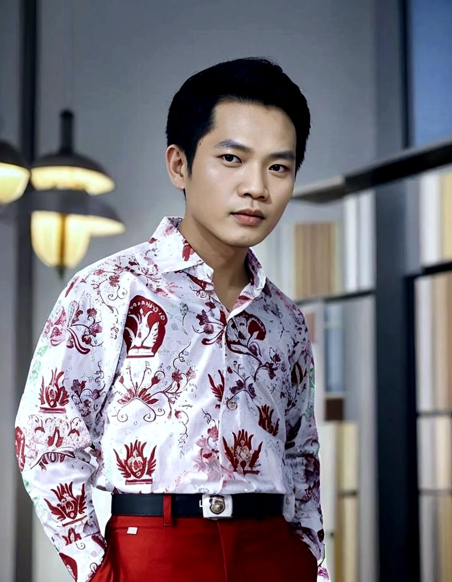 there is a man standing in a room with a red pants, hoang long ly, bao pham, in style of lam manh, nivanh chanthara, thawan duchanee, by Abidin Dino, quy ho, inspired by Abidin Dino, dzung phung dinh, batik, ramil sunga