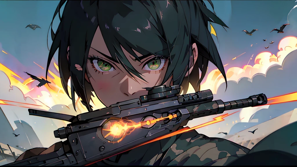 1man, 1imp, 1prophet, 1luna, 1bird, close up, facing viewer, asian, black hair, green eyes, wearing american camo soldier uniform, running, assault rifle, birds, operations, luna, war torn city, shooting, explosions, absurdres, high res, ultrasharp, 8K, masterpiece, looking at viewer
