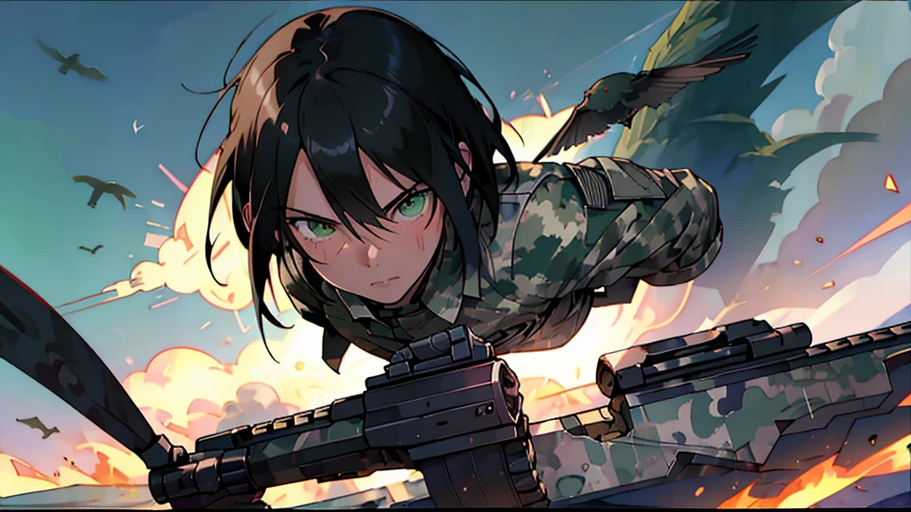 1man, 1imp, 1prophet, 1luna, 1bird, close up, facing viewer, asian, black hair, green eyes, wearing american camo soldier uniform, running, assault rifle, birds, operations, luna, war torn city, shooting, explosions, absurdres, high res, ultrasharp, 8K, masterpiece, looking at viewer