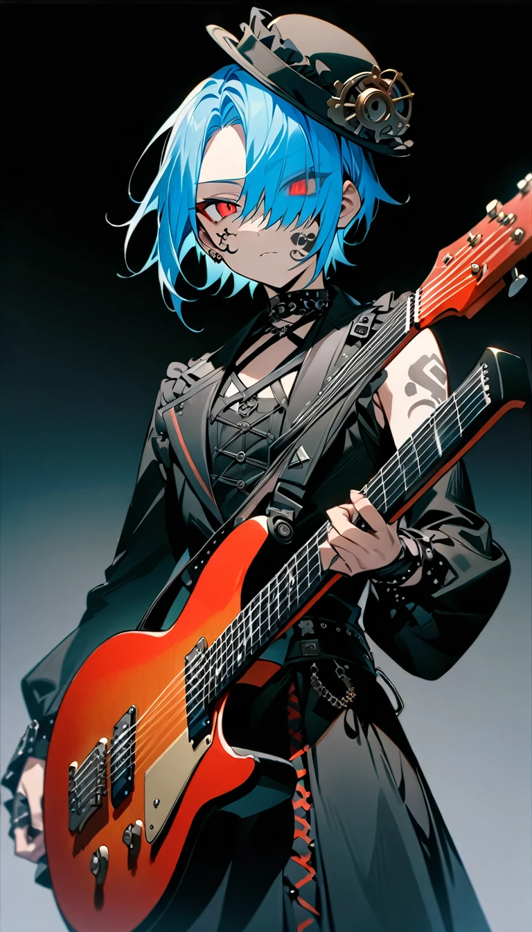 (((masterpiece,Highest quality))),((A male anime character with long blue hair and red eyes wearing a punkish black visual kei outfit, holding a guitar)),((Steampunk-style electric guitar)),((Steampunk-style electric guitarを持って立っている)),(((silk hat,Tattoo on the right side of the face,))),(((Black Background))),Focus on the whole body,(high quality),アニメ