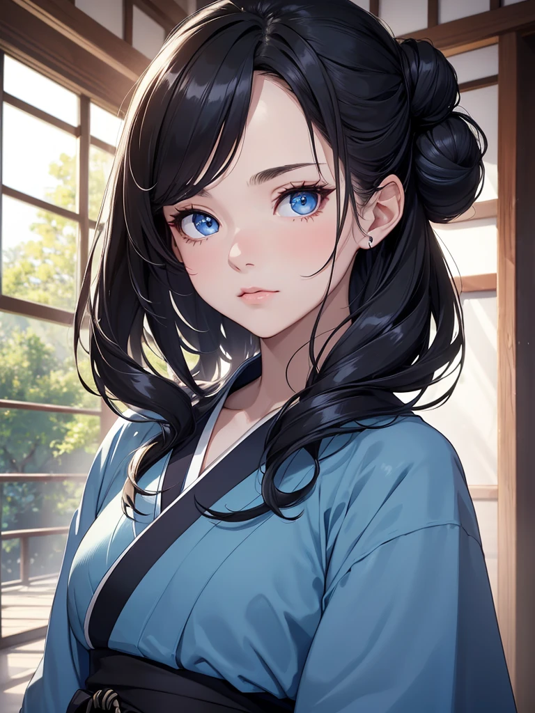 (8K, Best Quality, Masterpiece, Ultra High Resolution) 1 Girl, Teen, Young, Beautiful Eyes, Face Details, Jet Black Hair, Double Hair Buns, Blue Eyes, Pale Skin, Blue Kimono, Traditional Japanese Home, Best Quality, Upper Body, Looking at the Viewer, Facing Viewer, Close Up