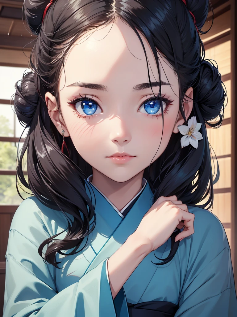 (8K, Best Quality, Masterpiece, Ultra High Resolution) 1 Girl, Teen, Young, Beautiful Eyes, Face Details, Jet Black Hair, Double Hair Buns, Blue Eyes, Pale Skin, Blue Kimono, Traditional Japanese Home, Best Quality, Upper Body, Looking at the Viewer, Facing Viewer, Close Up