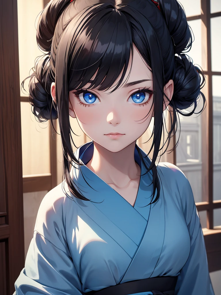 (8K, Best Quality, Masterpiece, Ultra High Resolution) 1 Girl, , Young, Beautiful Eyes, Face Details, Jet Black Hair, Double Hair Buns, Blue Eyes, Pale Skin, Blue Kimono, Traditional Japanese Home, Best Quality, Upper Body, Looking at the Viewer, Facing Viewer, Close Up