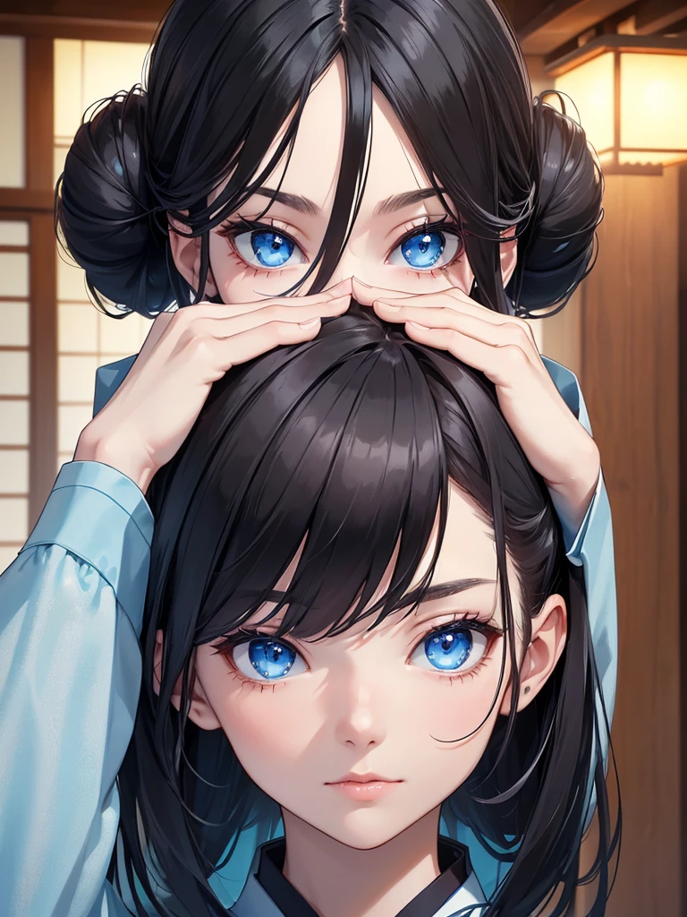 (8K, Best Quality, Masterpiece, Ultra High Resolution) 1 Girl, Teen, Young, Beautiful Eyes, Face Details, Jet Black Hair, Double Hair Buns, Blue Eyes, Pale Skin, Blue Kimono, Traditional Japanese Home, Best Quality, Upper Body, Looking at the Viewer, Facing Viewer, Close Up