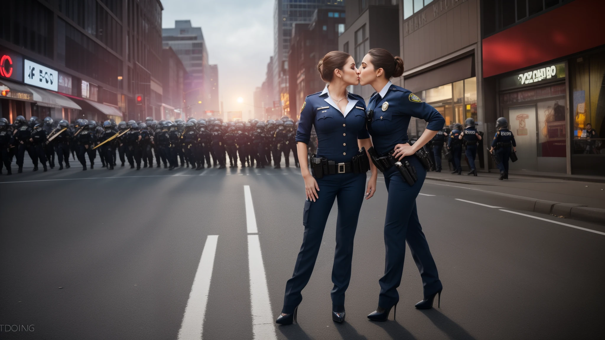 masterpiece,best qualtiy,hdr, hyper HD, 8K,Bokeh,Ultra-fine painting,Sharp focus,Physically-based rendering,Extreme detail description,portraitures,full-body photo，three Female police officers in a very tight buttoned uniform, leaning forward at viewer, (shag hair), Sexy smile, (in city in riot:1.2), (kissing:1.2), perfect eyes, perfect hands, perfect body, perfect hair, (Big breasts:1.3), (high heels), (EOS R8, 50 millimeters, F1.2, 8K, RAW photo:1.2), photograph by arny freytag