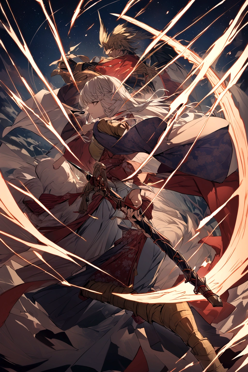 A style that combines traditional Japanese beauty with modern sensibilities.、A powerful and fantastical image。Fearless revolution and anti-war nation、Themes such as Samurai Warriors for Boys and Girls、starの光が描く歴史の物語。Elements of Sum、Boys and girls in Japanese combat uniforms in front、Holding a sword、たくさんのstar々and its shadow,night、star々、流star、Pose of fighting with a sword
