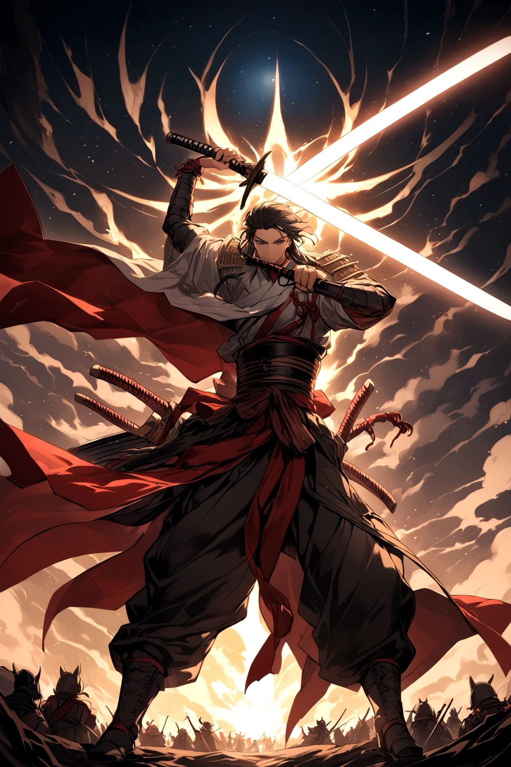 A style that combines traditional Japanese beauty with modern sensibilities.、A powerful and fantastical image。Fearless revolution and anti-war nation、Themes such as Samurai Warriors for Boys and Girls、starの光が描く歴史の物語。Elements of Sum、Boys and girls in Japanese combat uniforms in front、Holding a sword、たくさんのstar々and its shadow,night、star々、流star、Pose of fighting with a sword