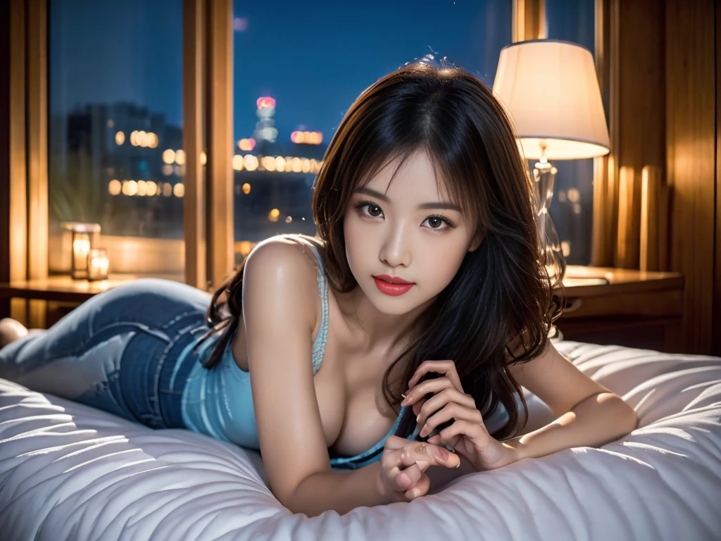 (Highest quality、In 8K、masterpiece))Beautiful Japan, Long legs, Long eyelashes, Sharp focus, Beautiful woman with perfect figure, thin , whole body,belly button,Beautiful feet ,(Pay attention to more than the thighs),((Black-haired、Huge ,Red lipstick,)), (good、tight skinny jeans 、Low rise), (Random sexy poses:1.3), ((Night city view、Room by the window、Lying in bed)), Highly detailed face and skin texture, Beautiful and exquisite, double eyelid、Arms crossed、5Proper hands with fingers、Beautiful Fingers Information