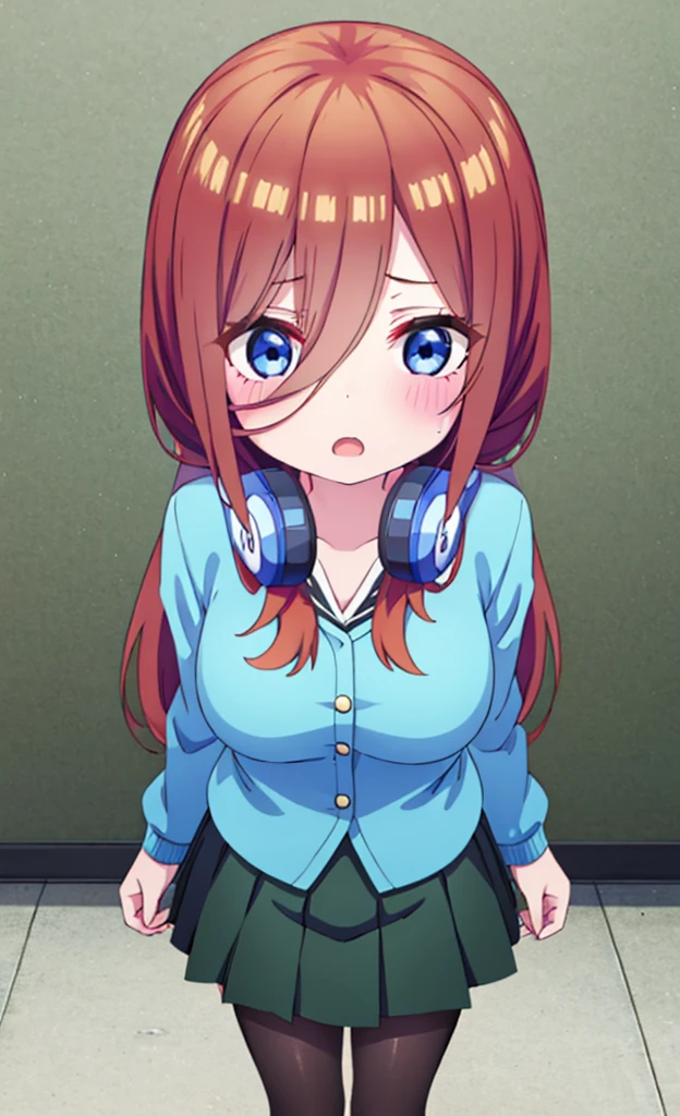 masterpiece,Highest quality,1 Girl,alone,Pokémon-like art style,(bold:1.6),(flat:1.5), miku nakano, Long Hair, bangs, blue eyes, Brown Hair, shirt, Hair between the eyes, Headphones, Headphones AROUND NECK,
skirt, shirt, Long sleeve, WHITE shirt, Black Pantyhose, PLEATED skirt, Black Pantyhose, cardigan, GREEN skirt, BLUE cardigan, Big Breasts, orgasm 