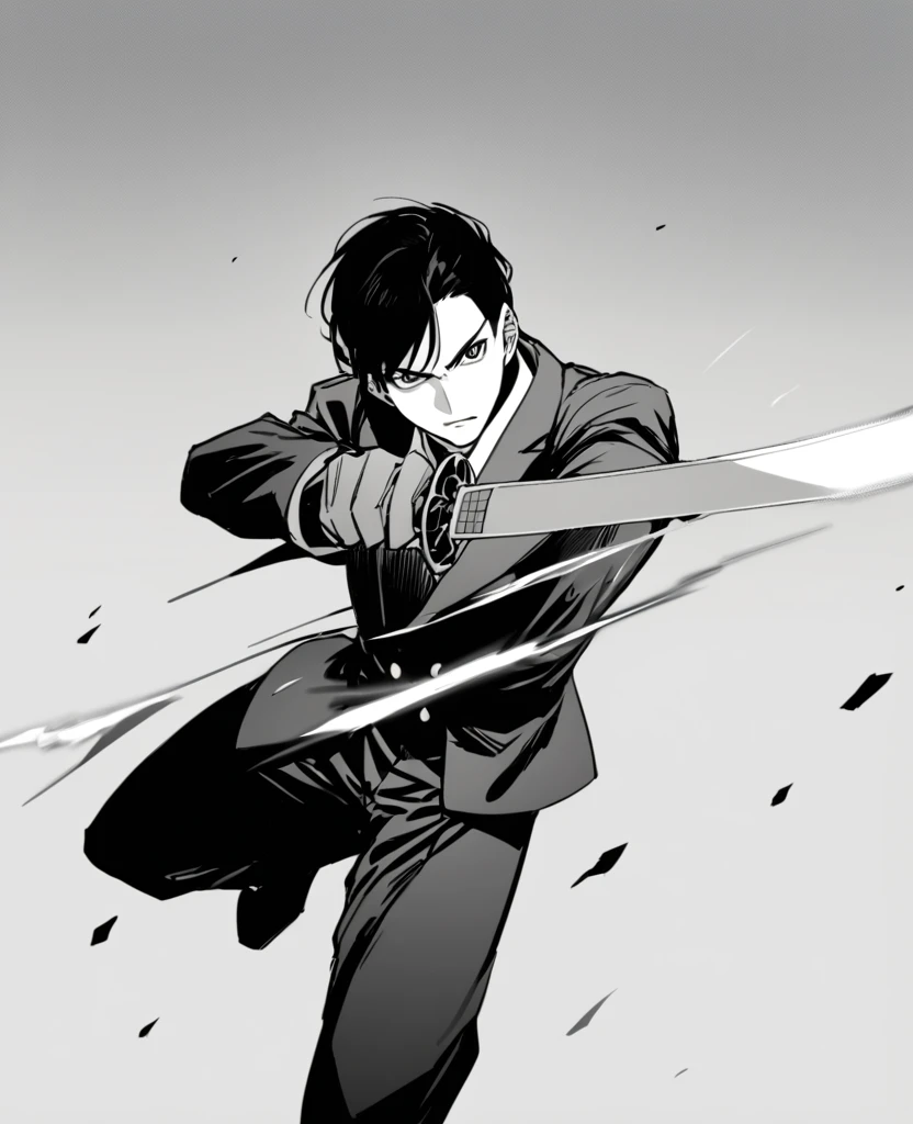 yuto-sano, 1boy, Kaneki, black hair, black suit, white shirt, armor,  elegant, monochrome, solo, greyscale, male focus, looking at viewer, pointing a sword, dynamic, action