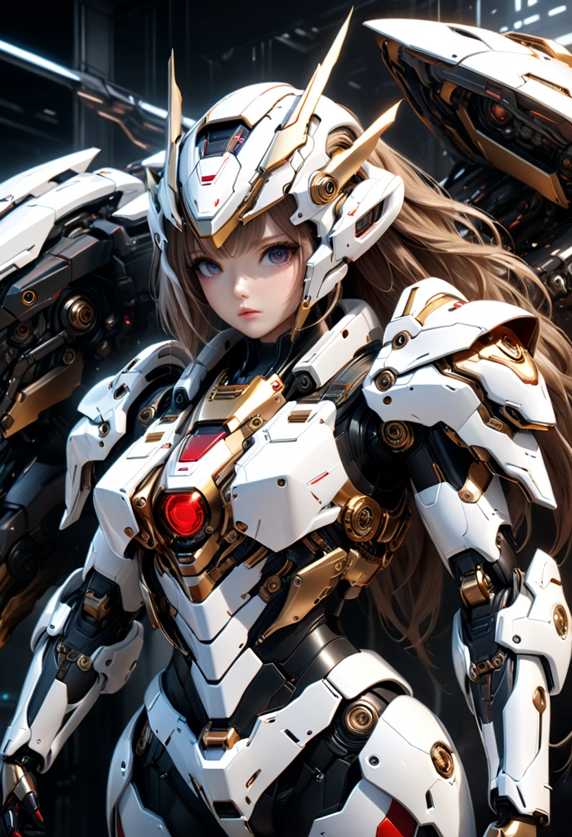 1girl, beautiful, 1 cyber umbrella, (red, gold, black and white sci-fi armor), mecha elements, (best quality,4k,8k,highres,masterpiece:1.2),ultra-detailed,(realistic,photorealistic,photo-realistic:1.37),cinematic lighting, dramatic atmosphere, highly detailed face and eyes, intricate mechanical details, futuristic, sci-fi, concept art, full body: 0.7