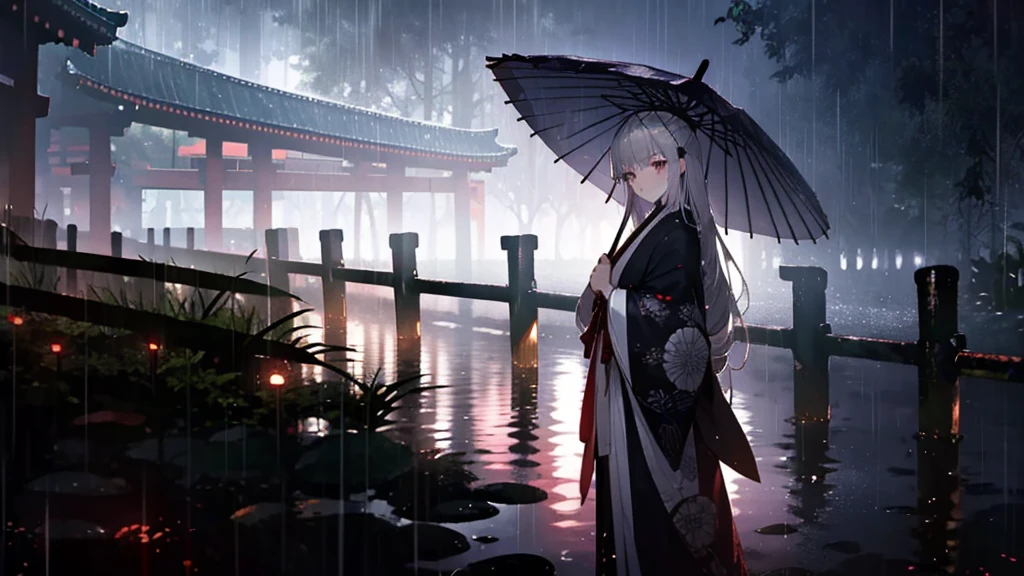 Highest quality, Beautiful woman(Detailed face), warrior, sad, carry a sword, Holding a Japanese umbrella, Tears, Are standing, Recall, Semi-long gray hair, Silver Eyes, sanpaku, Pale skin, expensive, Japanese clothes, 20-year-old, Japanese, sad場面, At night, outside, In the rain
