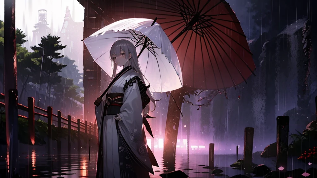 Highest quality, Beautiful woman(Detailed face), warrior, sad, carry a sword, Holding a Japanese umbrella, Tears, Are standing, Recall, Semi-long gray hair, Silver Eyes, sanpaku, Pale skin, expensive, Japanese clothes, 20-year-old, Japanese, sad場面, At night, outside, In the rain