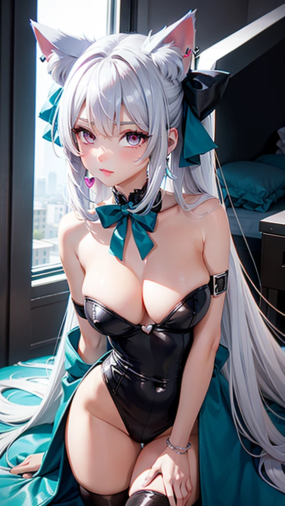 Silver hair, pink eyes, body, cat ears, sexy girl, earrings, heart background fantasy, teal blue uniform, hair bow