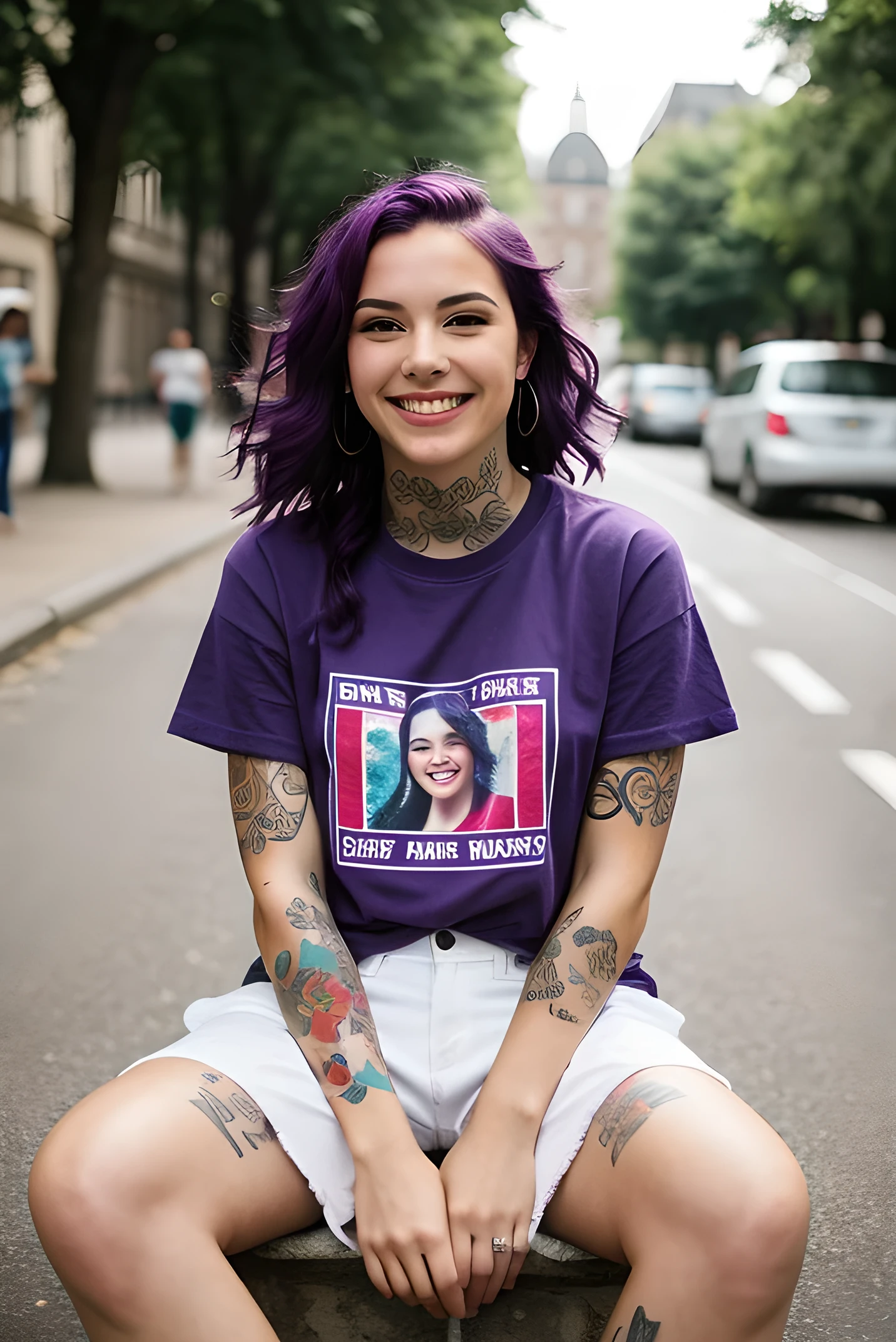 street photography of a young woman with purple hair, SMILE, happy, beautiful t-shirt, tattoos on his arms, sitting in a 50's restaurant